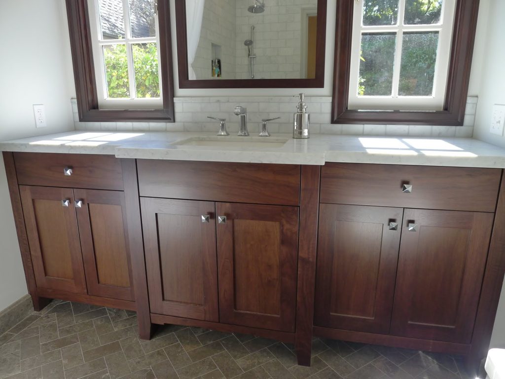 Bathroom with Marble tile and Walnut Vanity